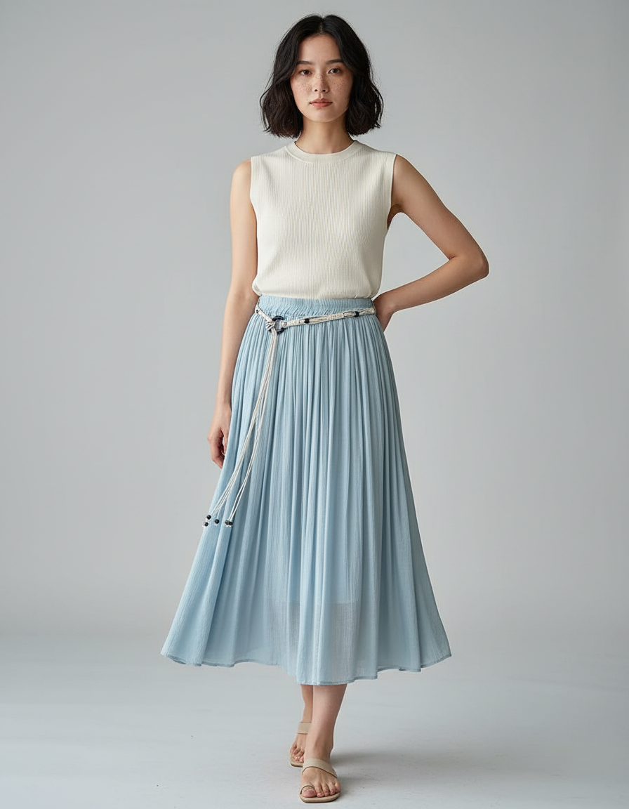 Jupe Longue Bleu Ciel Plissée Fluide