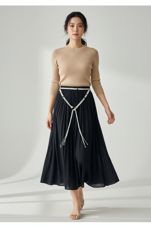 Jupe Longue Noire Plissée Fluide Mode