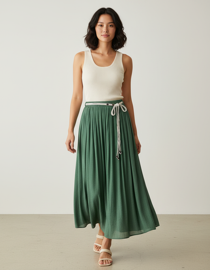 Jupe Longue Verte Plissée Décontractée