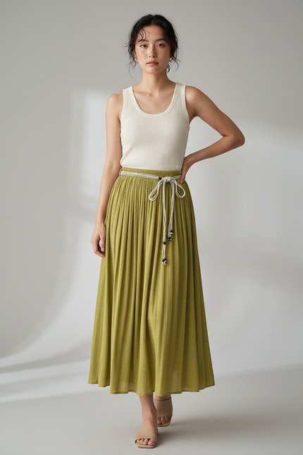 Jupe Longue Vert Olive Plissée Fluide