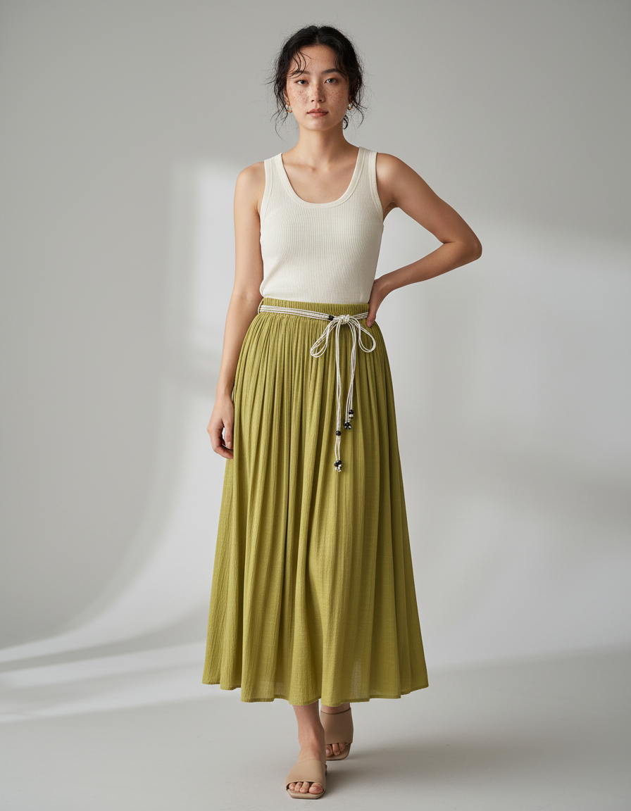 Jupe Longue Vert Olive Plissée Fluide