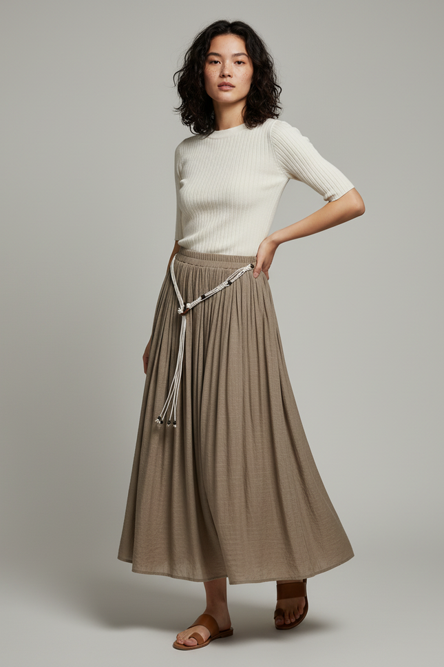 Jupe Longue Taupe Plissée Bohème