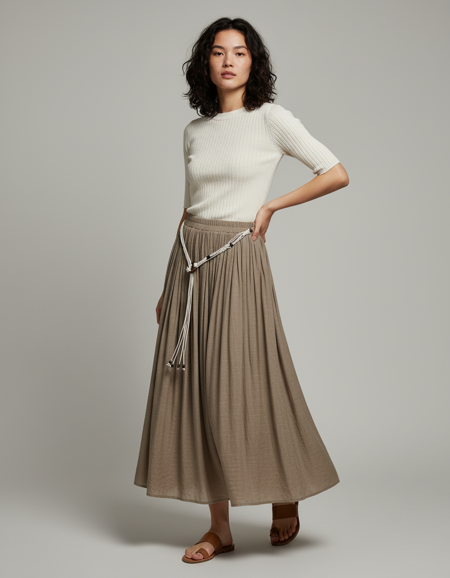 Jupe Longue Taupe Plissée Bohème