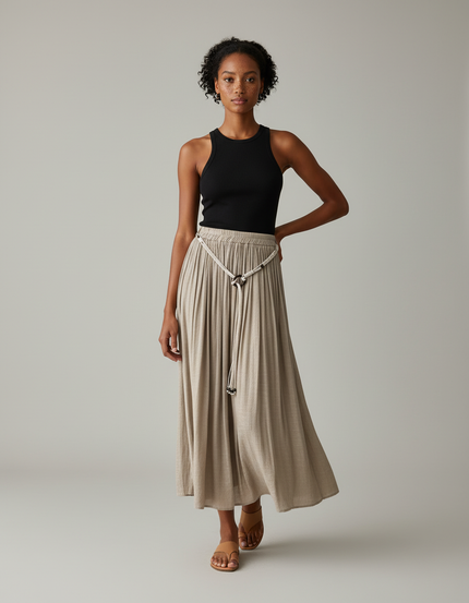 Jupe Longue Plissée Beige Fluide
