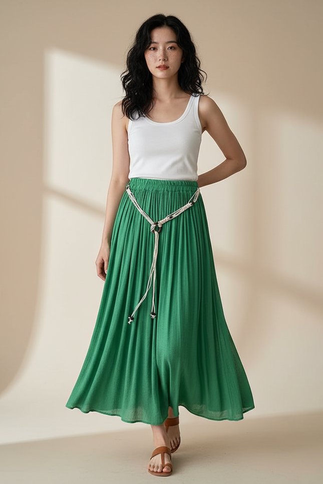 Jupe Longue Verte Plissée Fluide
