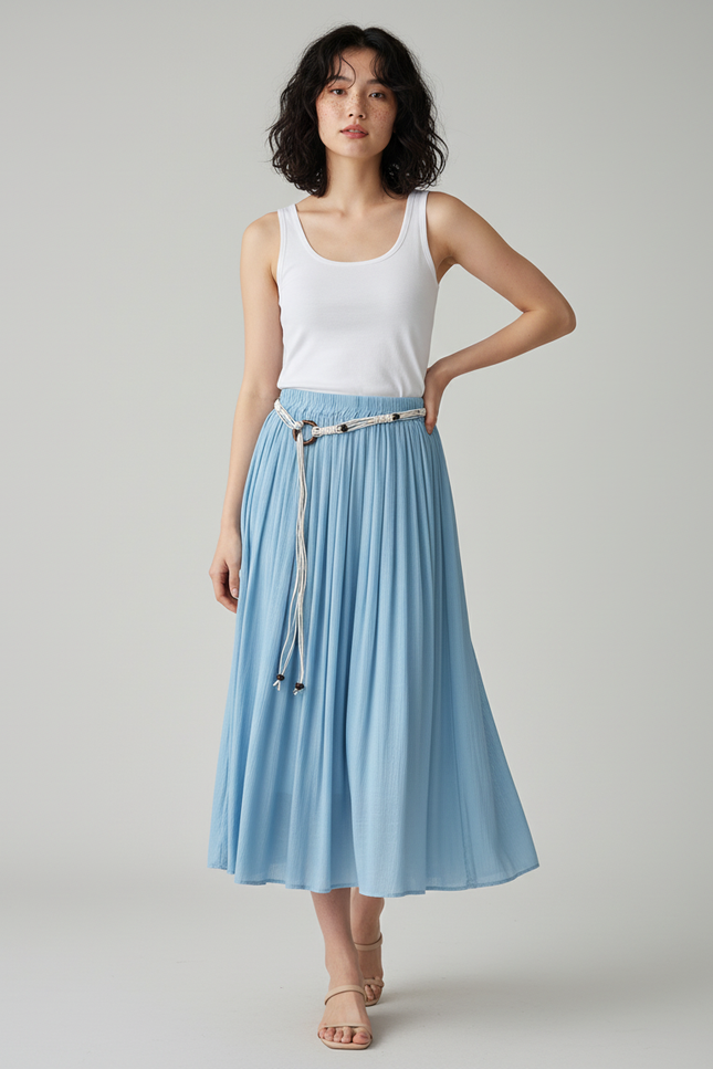 Jupe Longue Bleue Plissée Décontractée Été