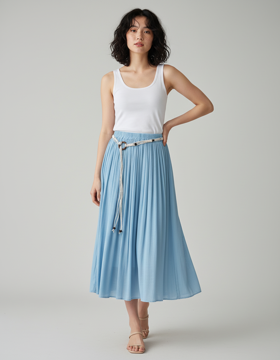 Jupe Longue Bleue Plissée Décontractée Été