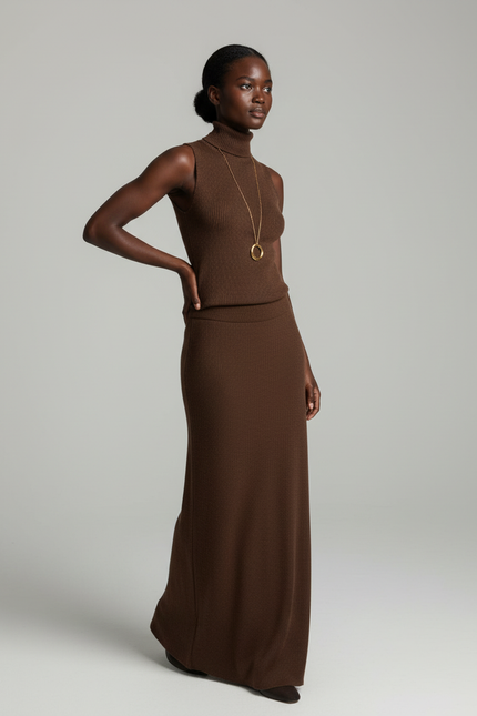 Jupe Longue Marron Côtelée Élégante