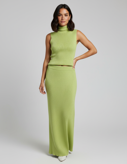 Jupe Longue Maille Côtelée Verte Élégante