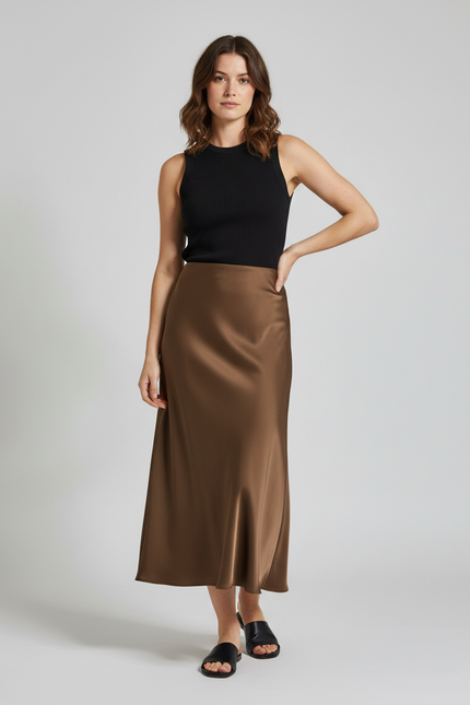 Jupe Satin Longue Marron