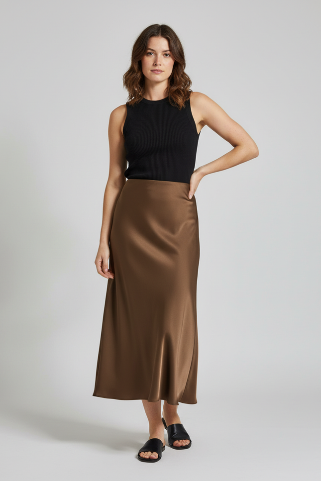 Jupe Satin Longue Marron