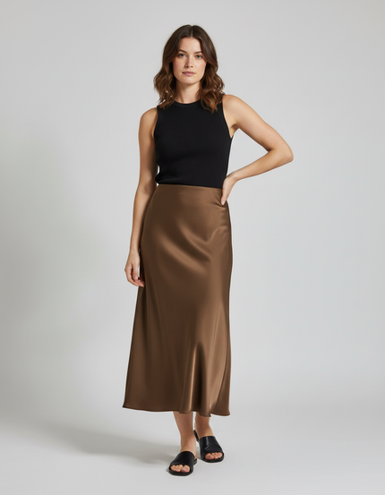 Jupe Satin Longue Marron