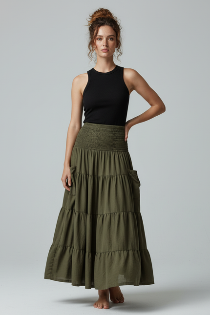 Jupe Longue Kaki À Volants Bohème