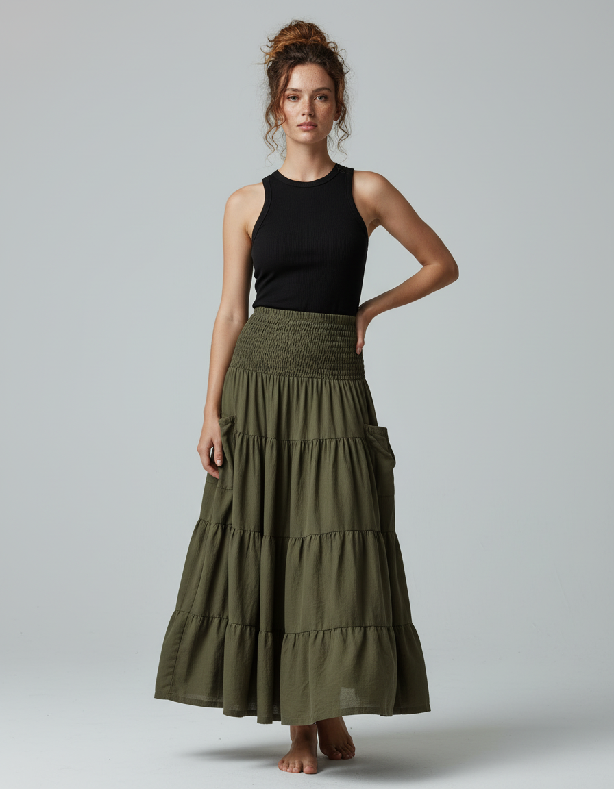 Jupe Longue Kaki À Volants Bohème