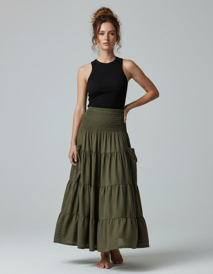 Jupe Longue Kaki À Volants Bohème