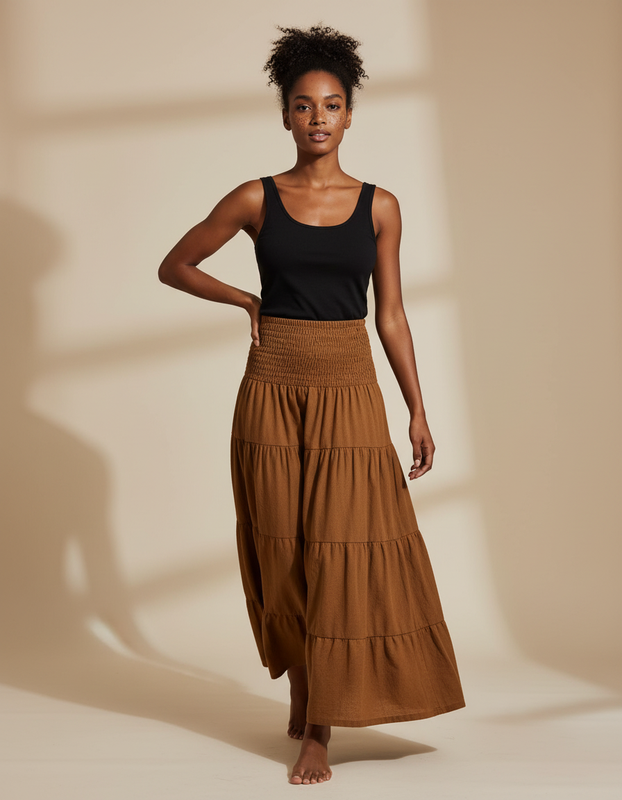 Jupe Longue Marron À Volants Bohème