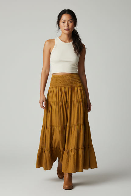 Jupe Longue Moutarde Étagée Bohème