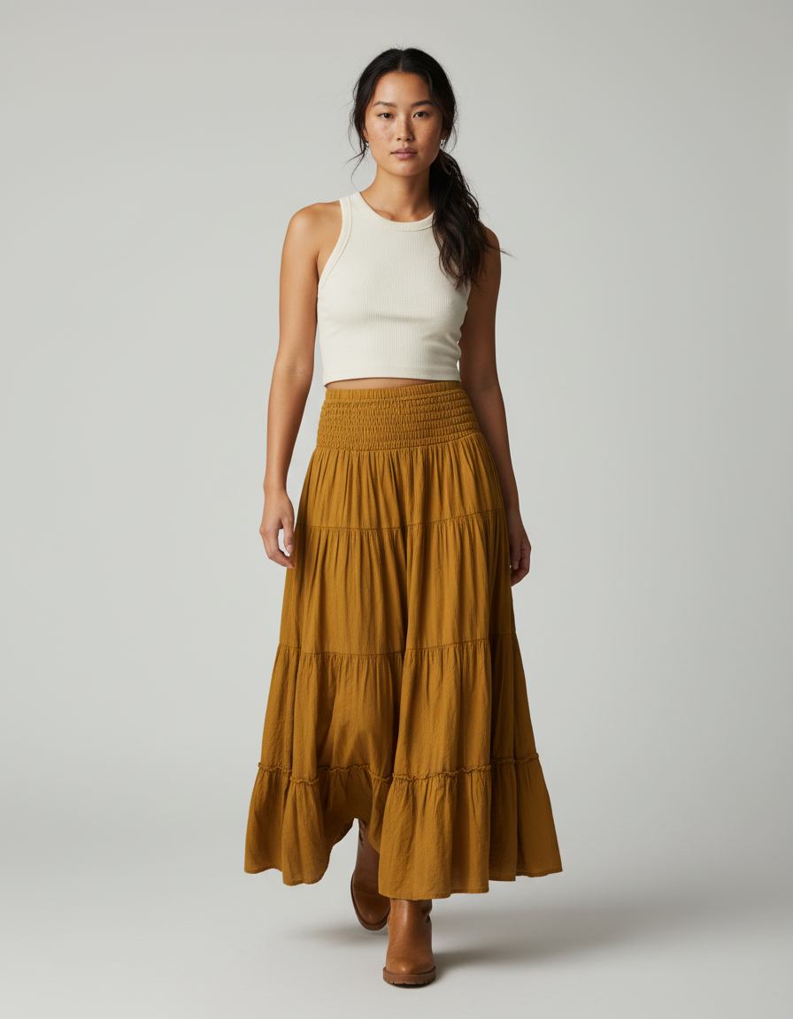Jupe Longue Moutarde Étagée Bohème