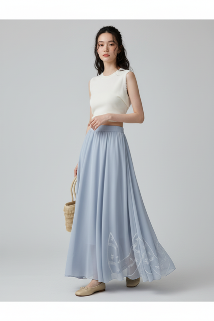 Jupe Longue Bleu Ciel Fluide Brodée