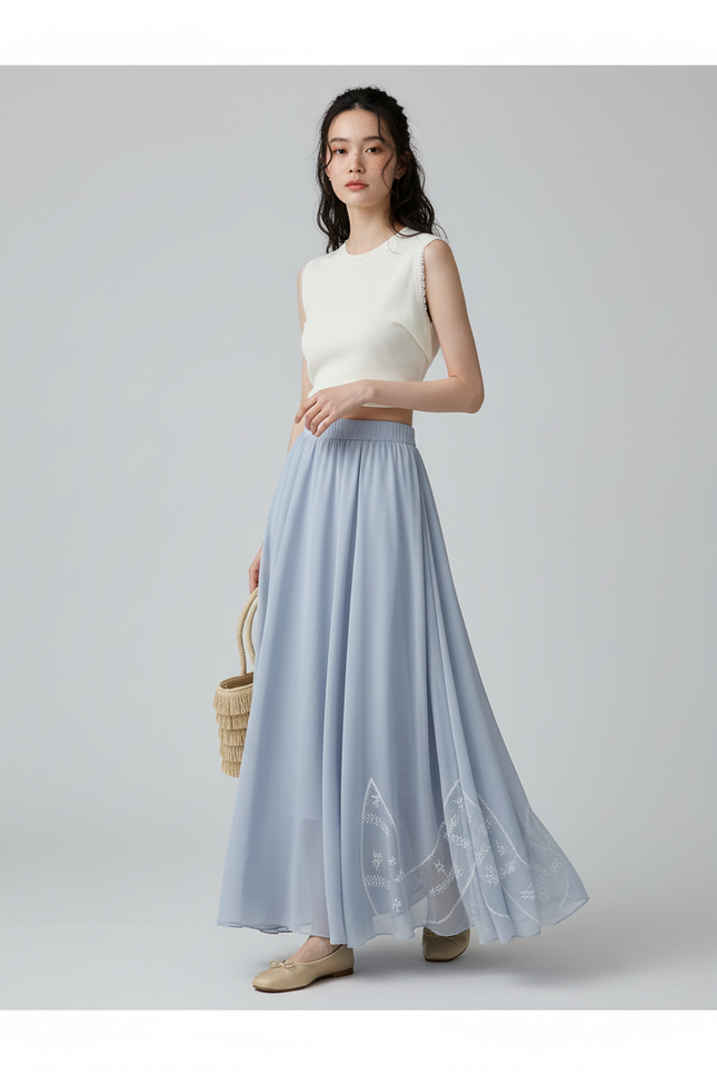 Jupe Longue Bleu Ciel Fluide Brodée