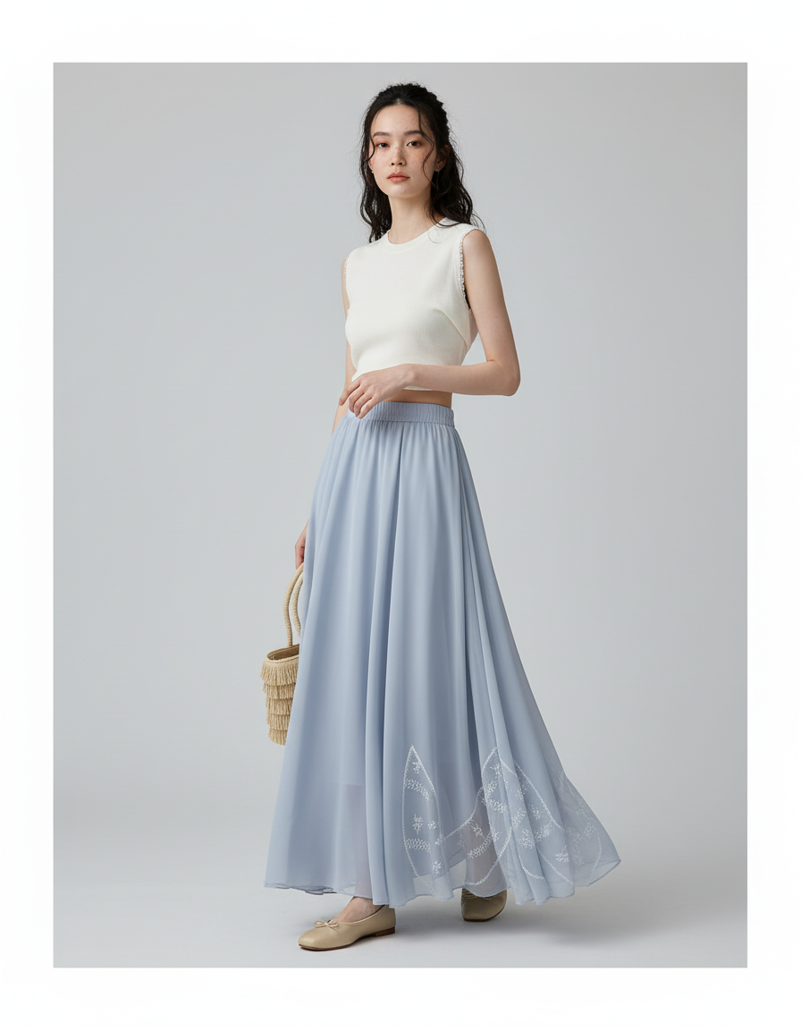 Jupe Longue Bleu Ciel Fluide Brodée