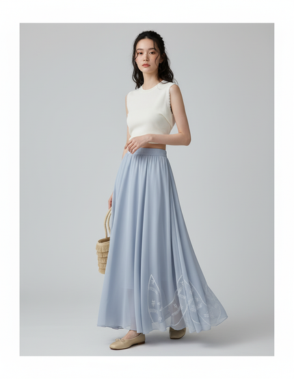 Jupe Longue Bleu Ciel Fluide Brodée