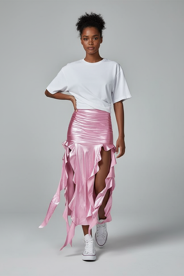 Jupe Longue Rose Métallisé Volants Chic