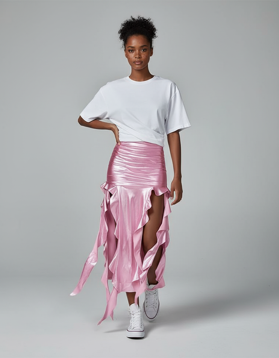 Jupe Longue Rose Métallisé Volants Chic