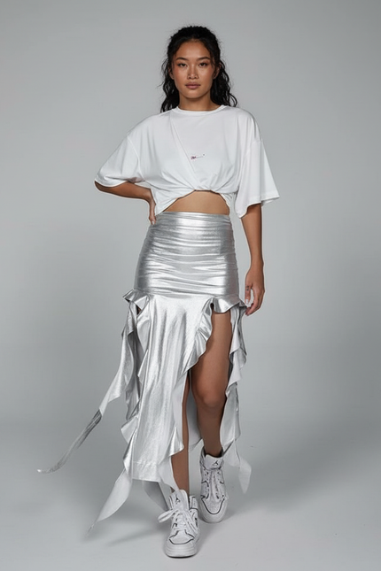 Jupe Longue Argentée À Volants Chic