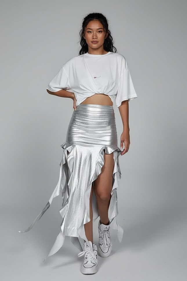 Jupe Longue Argentée À Volants Chic