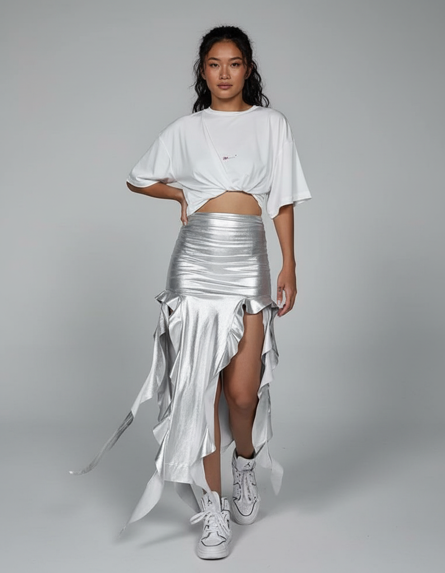 Jupe Longue Argentée À Volants Chic