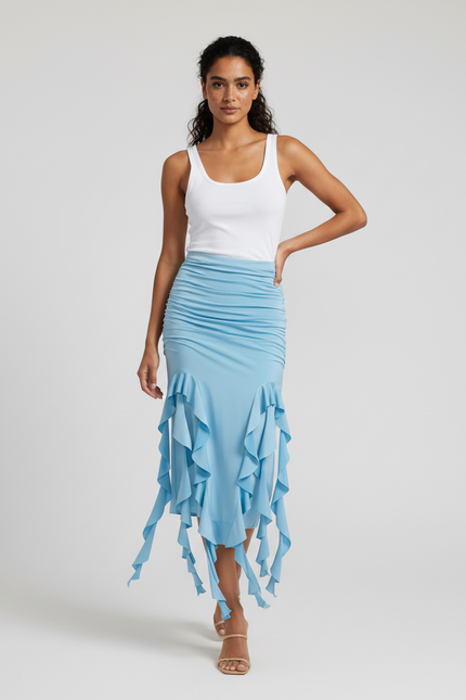 Jupe Longue Bleu Clair Volants Chic