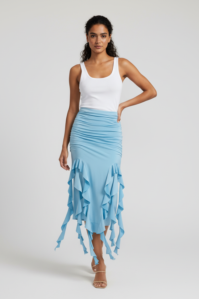 Jupe Longue Bleu Clair Volants Chic