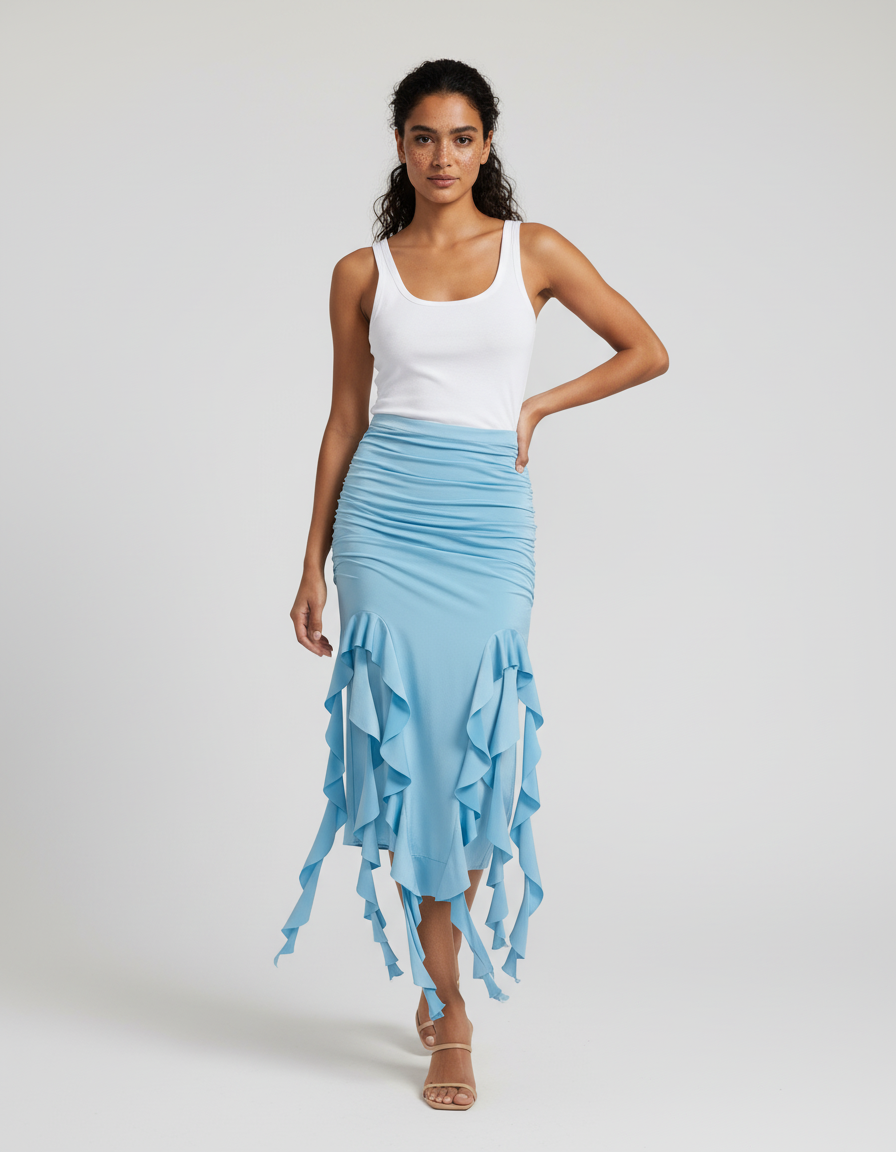 Jupe Longue Bleu Clair Volants Chic