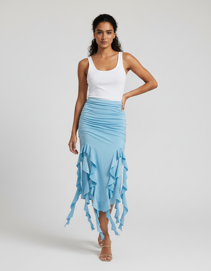 Jupe Longue Bleu Clair Volants Chic