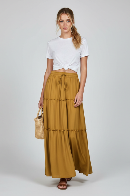 Jupe Longue Moutarde Étagée Bohème Femme