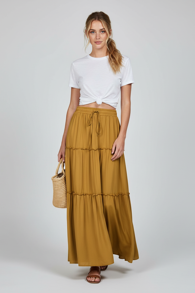 Jupe Longue Moutarde Étagée Bohème Femme