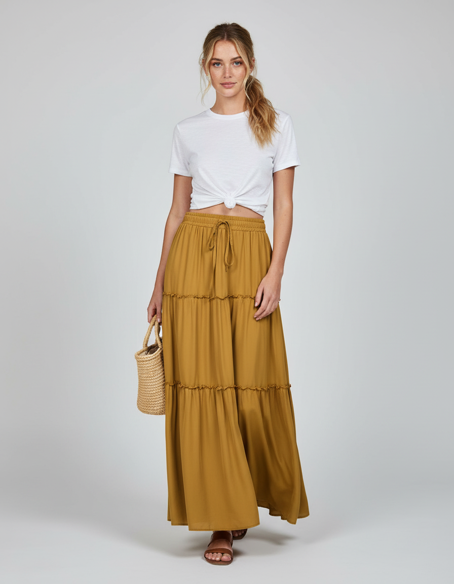 Jupe Longue Moutarde Étagée Bohème Femme