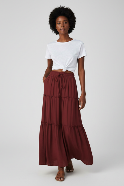 Jupe Longue Bohème Bordeaux À Volants