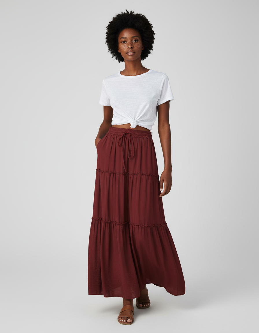 Jupe Longue Bohème Bordeaux À Volants