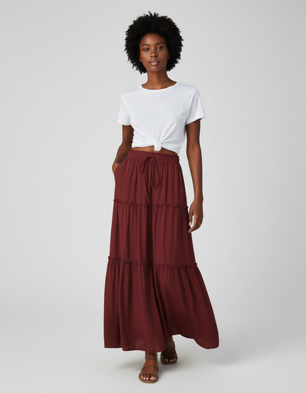 Jupe Longue Bohème Bordeaux À Volants
