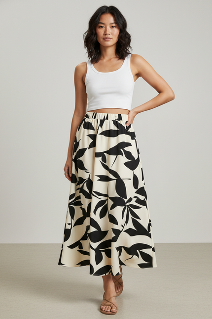Jupe Longue Motif Feuilles Fluide Élégante