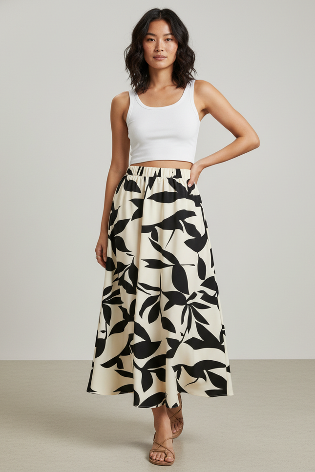 Jupe Longue Motif Feuilles Fluide Élégante
