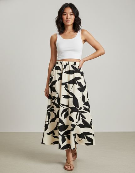 Jupe Longue Motif Feuilles Fluide Élégante