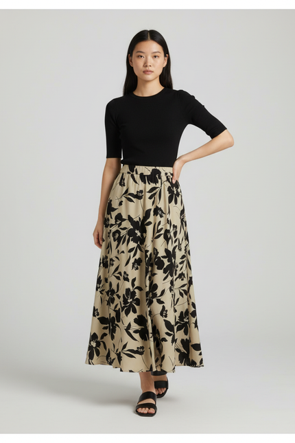 Jupe Longue Motif Feuilles Fluide Élégante Tendance