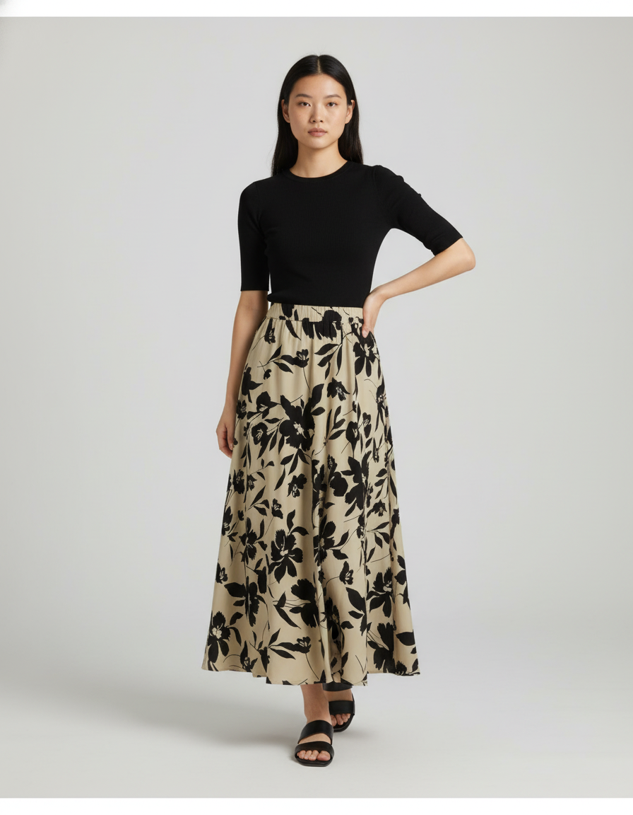 Jupe Longue Motif Feuilles Fluide Élégante Tendance