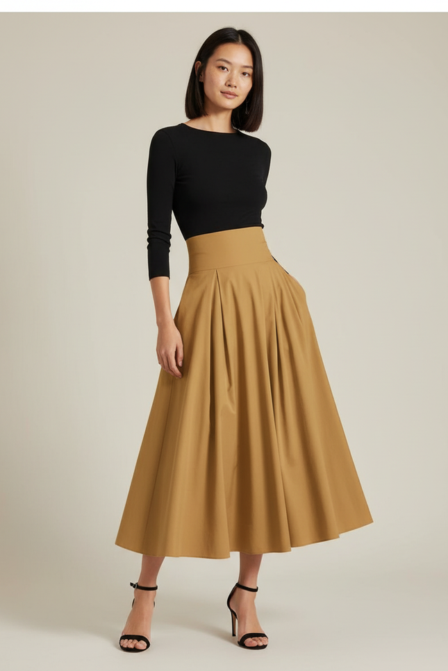 Jupe Longue Camel Plissée Élégante