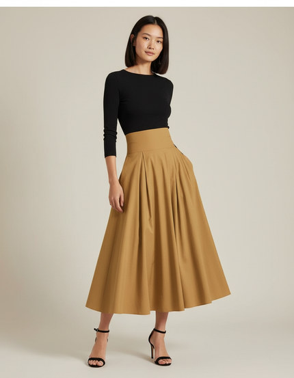 Jupe Longue Camel Plissée Élégante