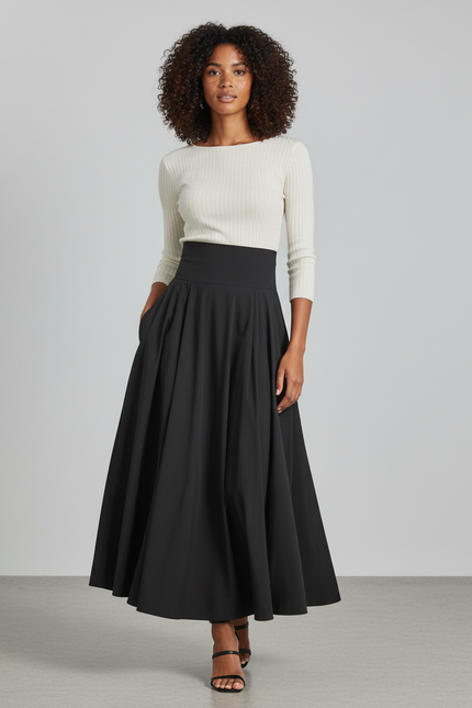 Jupe Longue Noire Évasée Élégante Femme