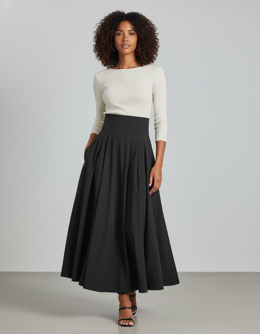 Jupe Longue Noire Évasée Élégante Femme